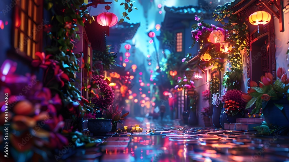 A colorful street scene with many potted plants and lanterns. Scene is lively and vibrant, with the bright colors and the many decorations creating a sense of energy and excitement A colorful street scene with many potted plants and lanterns. Scene is lively and vibrant, with the bright colors and the many decorations creating a sense of energy and excitement