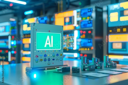 Advanced AI technology in a high tech lab environment, with a vibrant AI screen and sophisticated equipment, representing cutting edge artificial intelligence research and innovation photo