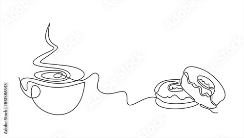 Coffee cup and cake one line continuous drawing. Vector illustration. Hand drawn linear silhouette. Dessert icon. Minimal design, print, banner, card, product logo, brochure, menu, bakery shop.