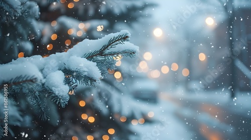 Snowy Winter Wonderland Street with Glowing Lights and Blurred Background © vanilnilnilla
