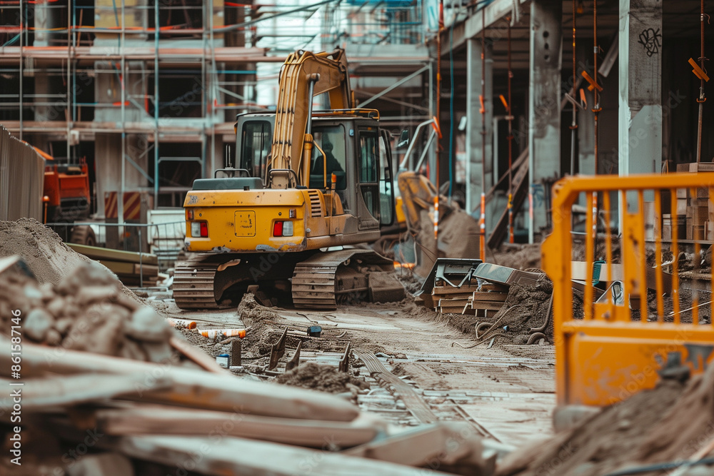 View of a busy construction site with workers, machinery, and materials, showcasing progress on a building project View of a busy construction site with workers, machinery, and materials, showcasing progress on a building project