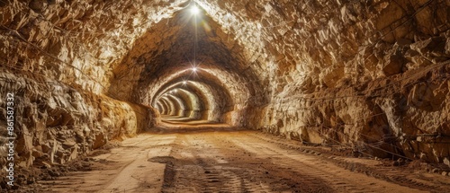 An illuminated underground potash mining tunnel featuring rough, stratified rock walls and a dusty floor. The tunnel extends into the distance, showcasing the rugged mining environment photo