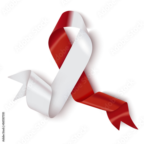 Oral cancer awareness ribbon vector illustration isolated on white background. Realistic vector red and white silk ribbon with loop