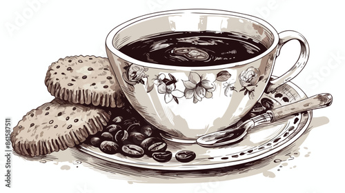 Coffee cup with biscuits and coffee beans on saucer.
