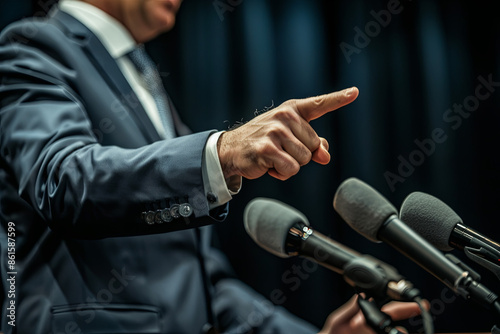 Aggressive politician giving a speech at the press conference, he is pointing his finger and talking in front of the microphones