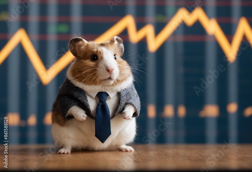 Hamster wearing suit on background of trading charts of stock exchange. Earning cryptocurrencies and tokens using smartphone app. Ai generation. Concept of farming and staking photo