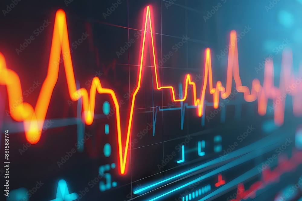 Obraz premium Close-up of a vibrant digital financial chart with glowing lines and data points, representing market analysis, growth, and technology trends.