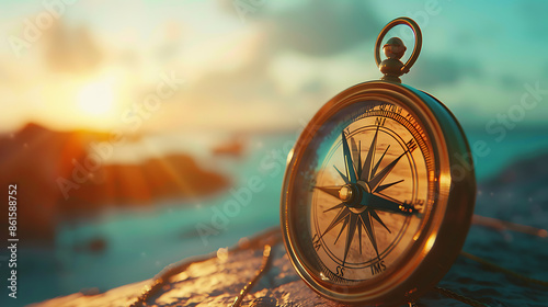 Old Vintage Compass on a travel view background, Capture the spirit of exploration and adventure with a classic photo  photo