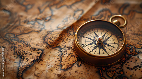 Old Vintage Compass on a old map background, Capture the spirit of exploration and adventure with a classic photo 