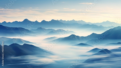 Ethereal mountain peaks enveloped in a soft, misty fog at dawn