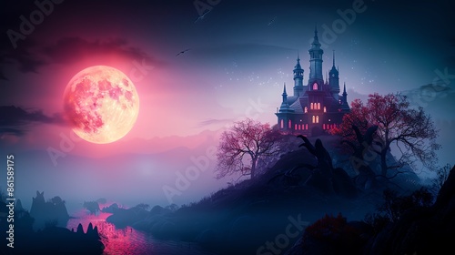 Gothic haunted mansion on a hill with twisted trees and a full moon casting eerie shadows, top view, capturing the chilling atmosphere, fantasy tone, Complementary Color Scheme