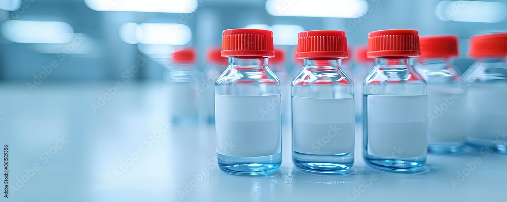 Row of medicine bottles with red caps in a laboratory setting, representing scientific research and pharmaceutical production. Row of medicine bottles with red caps in a laboratory setting, representing scientific research and pharmaceutical production.