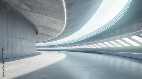 Modern empty stadium with sleek architecture and clean lines, Contemporary, Neutral colors, Soft lighting, 3D rendering