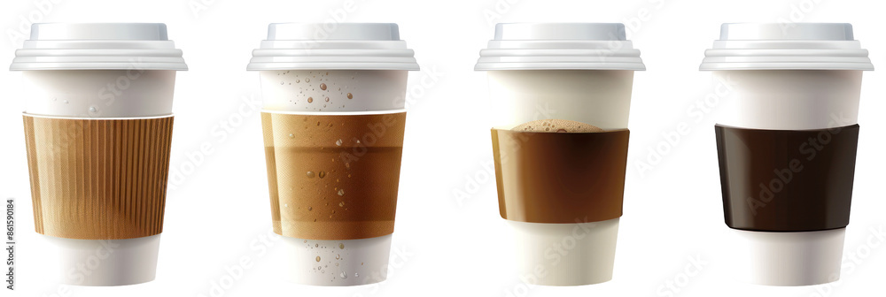 Four Disposable Coffee Cups with Various Sleeves Four Disposable Coffee Cups with Various Sleeves