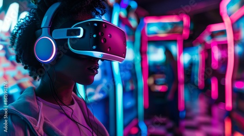 LGBTQ entrepreneur in a VR arcade, managing futuristic gaming tech, vibrant, neon, cyberstyle photo