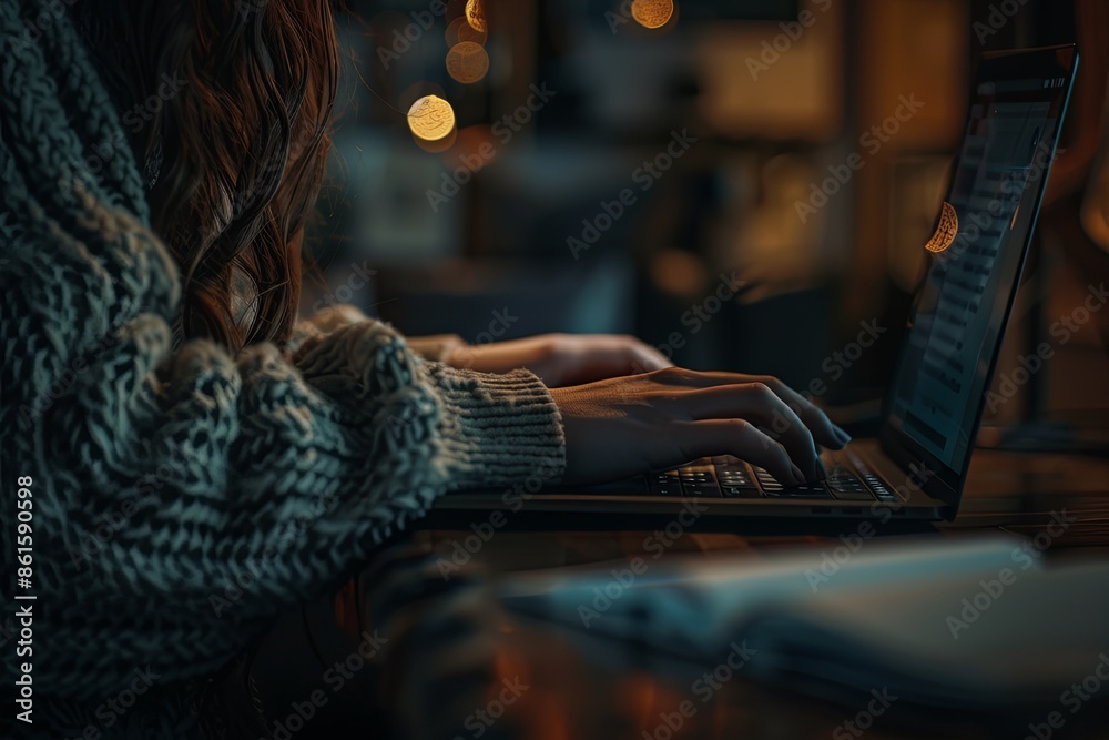 Close-up of businesswoman typing on laptop in contemporary office setting. Detailed workplace concept. Close-up of businesswoman typing on laptop in contemporary office setting. Detailed workplace concept.