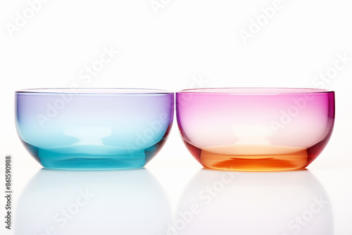 Colorful close-up of two vibrant, elegant glass bowls, showcasing a minimalist design with multi-colored reflections. photo