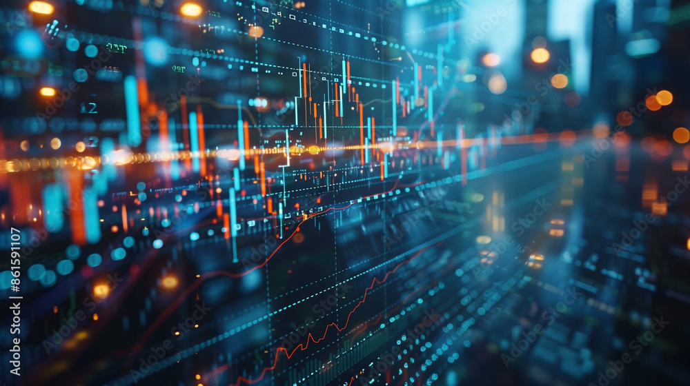 Fototapeta premium Closeup of a financial chart showcasing an uptrend candlestick graph on a blue monitor, representing stock market growth and financial analysis.