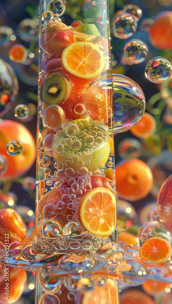 Fototapeta premium Close-up of vibrant assorted fruits in water with bubbles