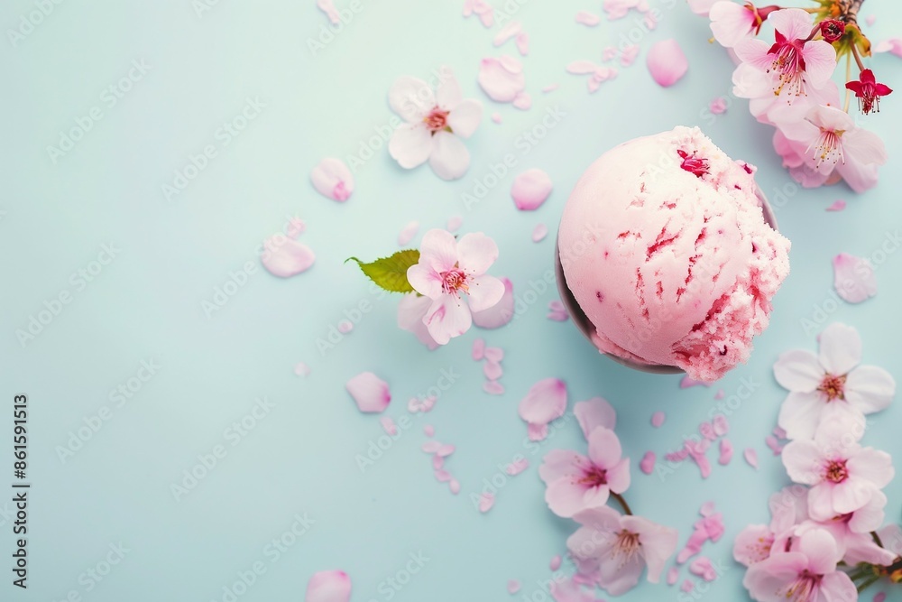 A scoop of sakura ice-cream with cherry petals on a light blue background A scoop of sakura ice-cream with cherry petals on a light blue background