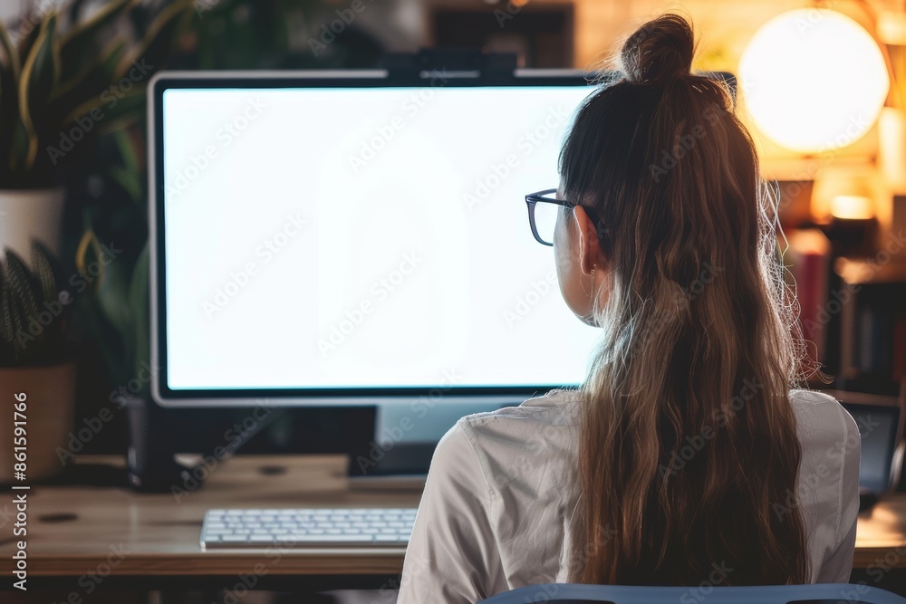Ui mockup through a shoulder view of a girl in front of a computer with a fully white screen Ui mockup through a shoulder view of a girl in front of a computer with a fully white screen