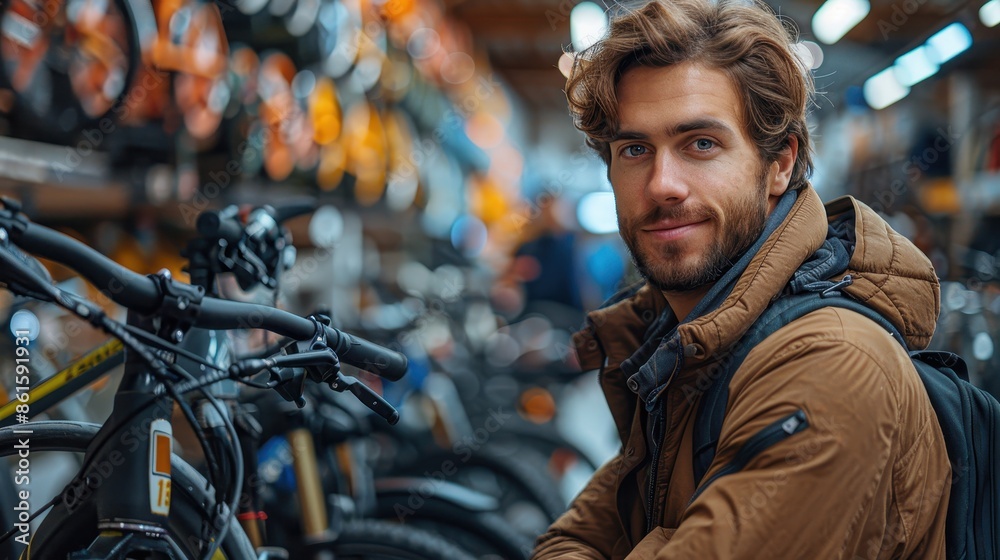 A young man with a bicycle in a store, smiling happily and wearing a jacket with a backpack, ready for an adventure or commute, showcasing a modern lifestyle.