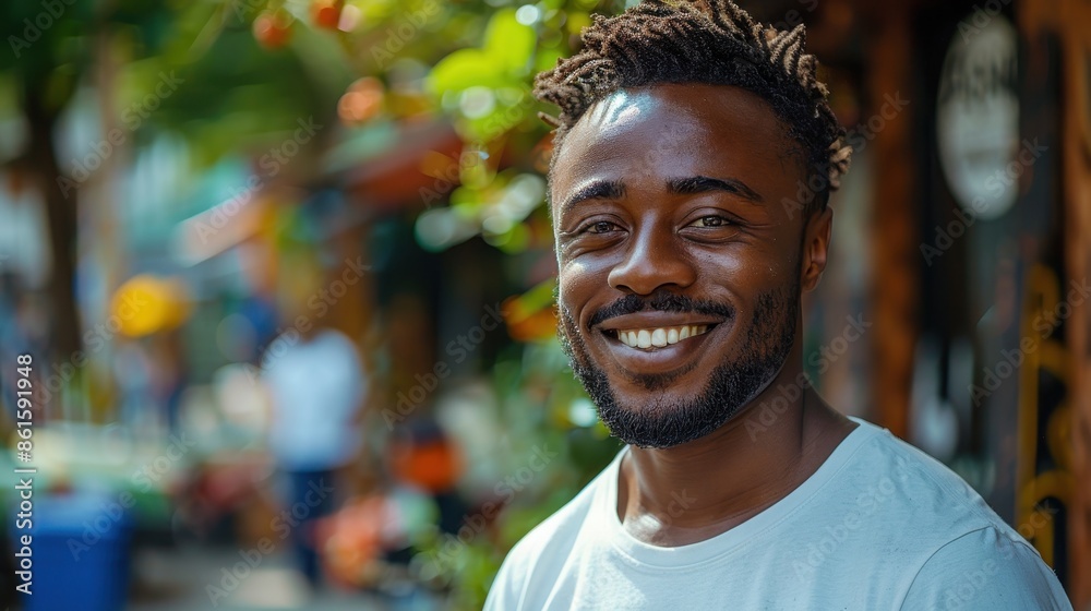 A happy man smiling and standing outdoors at a lively street market, showcasing a vibrant and diverse atmosphere filled with colors, energy, and culture. A happy man smiling and standing outdoors at a lively street market, showcasing a vibrant and diverse atmosphere filled with colors, energy, and culture.