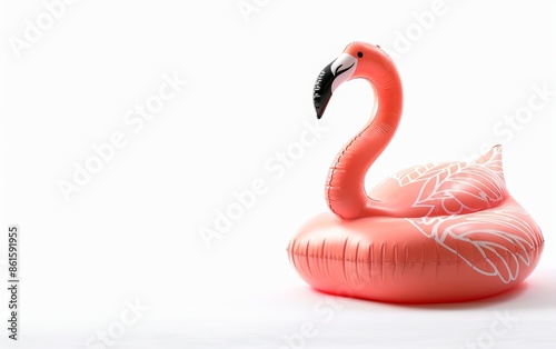 Floating pool inflatable flamingo, white background, rule of thirds, copy space photo