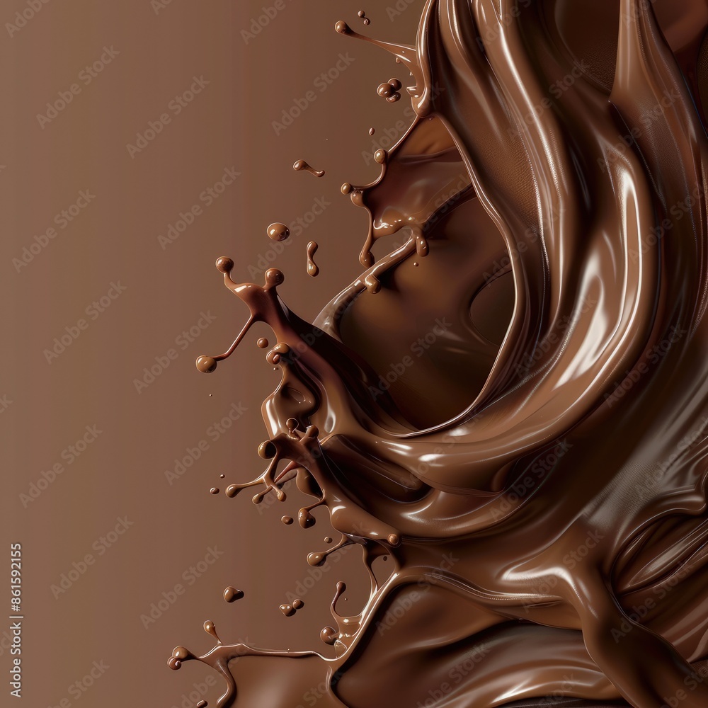 A chocolate splash with a brown background. The splash is made up of chocolate and looks like it's splashing out of a cup