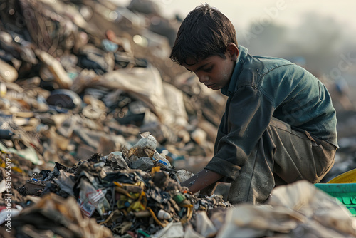 A poor boy collecting garbage waste from a landfill site in the outskirts of Delhi. Hundreds of children work at these sites to earn their livelihood