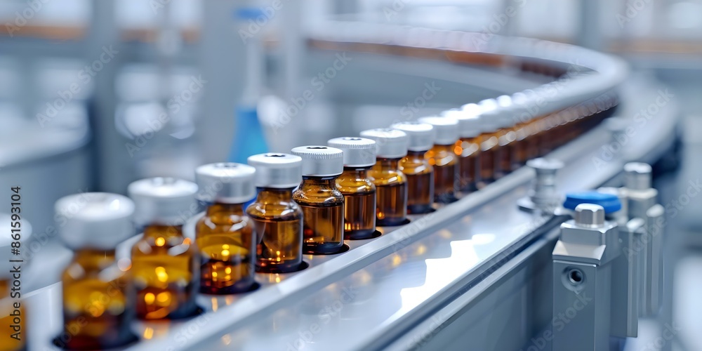 Automated machine on production line in pharmaceutical factory producing medical vials. Concept Pharmaceutical Industry, Automated Manufacturing, Production Line Efficiency, Quality Control