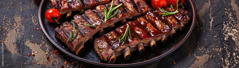Delicious grilled ribs with fresh herbs and cherry tomatoes on a dark rustic background, perfect for barbecue and food concepts. Delicious grilled ribs with fresh herbs and cherry tomatoes on a dark rustic background, perfect for barbecue and food concepts.