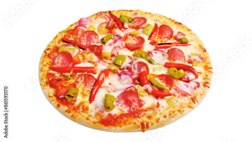 Pizza with salami, pepper, onion and jalapeno isolated on white background.