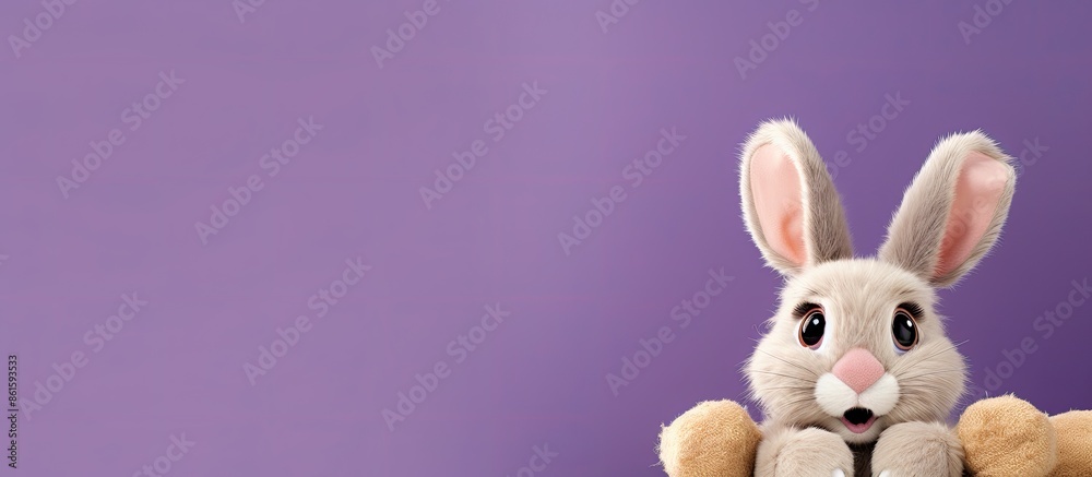 Fototapeta premium Beige plush bunny with big ears and a comical face on a purple backdrop, with available copy space image.