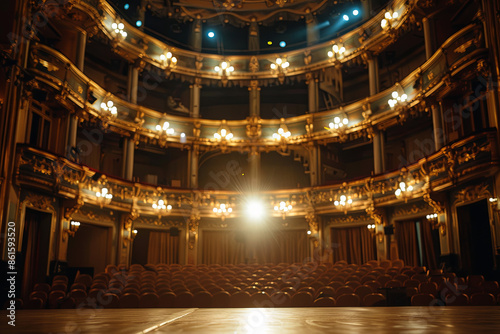 Wide shot of an Empty Elegant Classic Theatre with Spotlight Shot from the Stage. Well-lit Opera House with Beautiful Golden Decoration Ready to Recieve Audience for a Play or Ballet Show