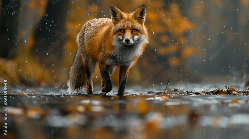 Fototapeta premium A fox is walking on the river bank