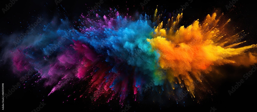 Vibrant rainbow holi paint powder burst in a circle on a dark black background with a wide panorama view, great for a peace-themed party, copy space image. Vibrant rainbow holi paint powder burst in a circle on a dark black background with a wide panorama view, great for a peace-themed party, copy space image.