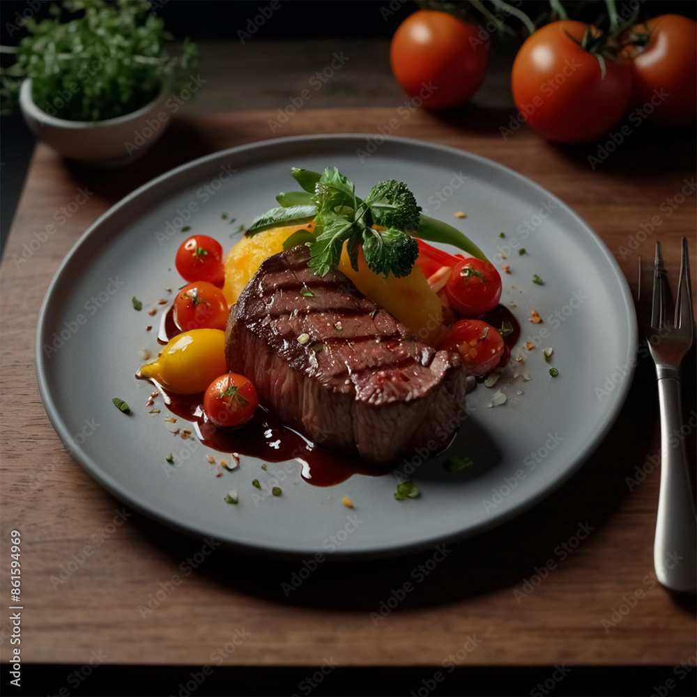 Juicy, caramelized steak paired with a vibrant medley of fresh vegetables, artfully arranged on the plate. Each bite offers a symphony of textures and flavors, making for an exquisite Juicy, caramelized steak paired with a vibrant medley of fresh vegetables, artfully arranged on the plate. Each bite offers a symphony of textures and flavors, making for an exquisite