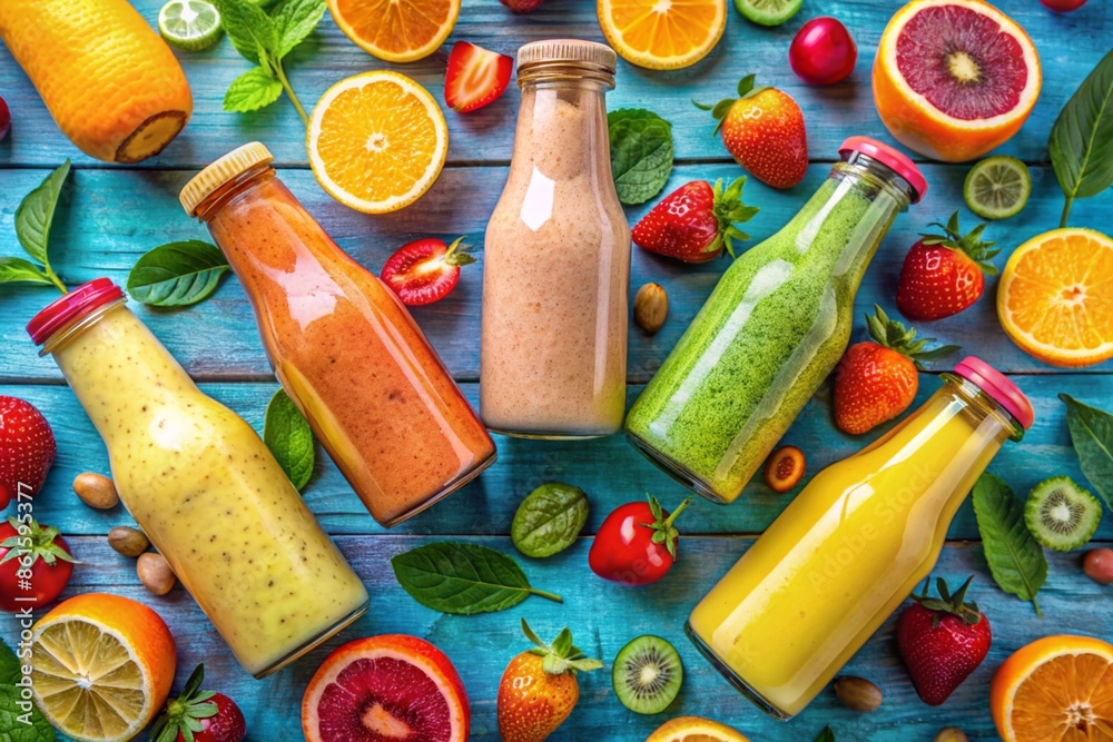 Smoothies in bottles with fresh fruits on blue background, top view Smoothies in bottles with fresh fruits on blue background, top view