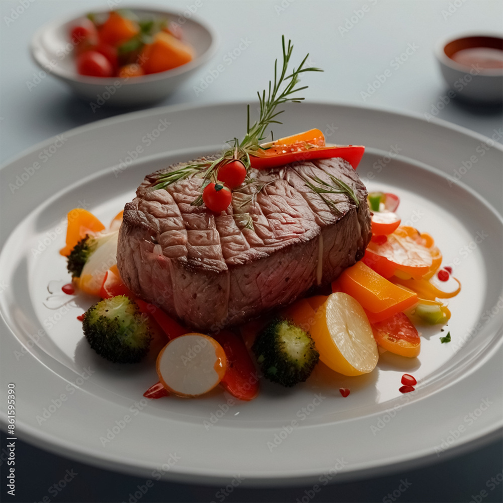 Juicy, caramelized steak paired with a vibrant medley of fresh vegetables, artfully arranged on the plate. Each bite offers a symphony of textures and flavors, making for an exquisite Juicy, caramelized steak paired with a vibrant medley of fresh vegetables, artfully arranged on the plate. Each bite offers a symphony of textures and flavors, making for an exquisite