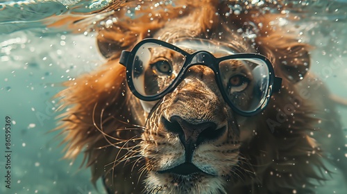 A lion with diving goggles dives in the water. Surreal fun concept of nature, animals and summer, summer swimwear