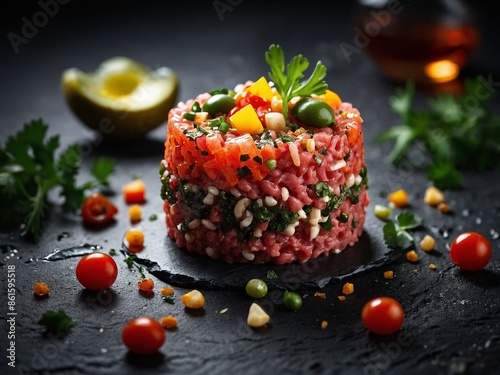 Michelinstarred Steak Tartare on black stone plate, cinematic FOOD photography photo