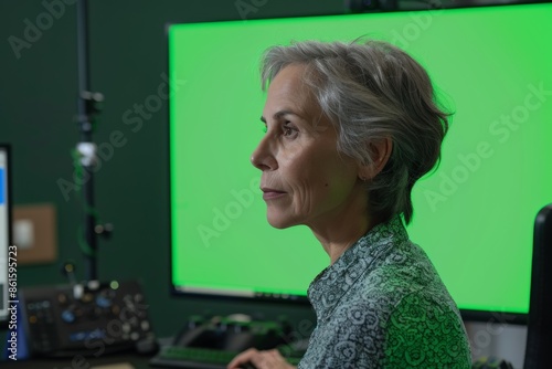 Application mockupover the shoulder shot of a middle-aged woman in front of a computer with a fully green screen