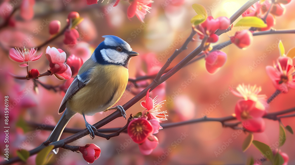 Blue tit sits on a blooming apple tree Blue tit sits on a blooming apple tree