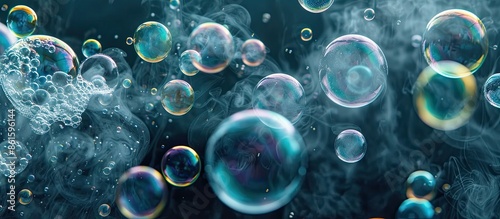 Soap bubbles creating foamy textures against a dark backdrop with abundant copy space image.