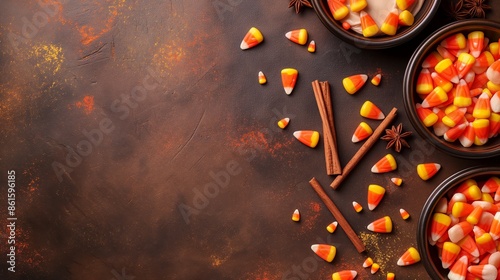 Candy corn and cinnamon sticks with star anise are scattered on a brown textured background, creating a vibrant autumn display.