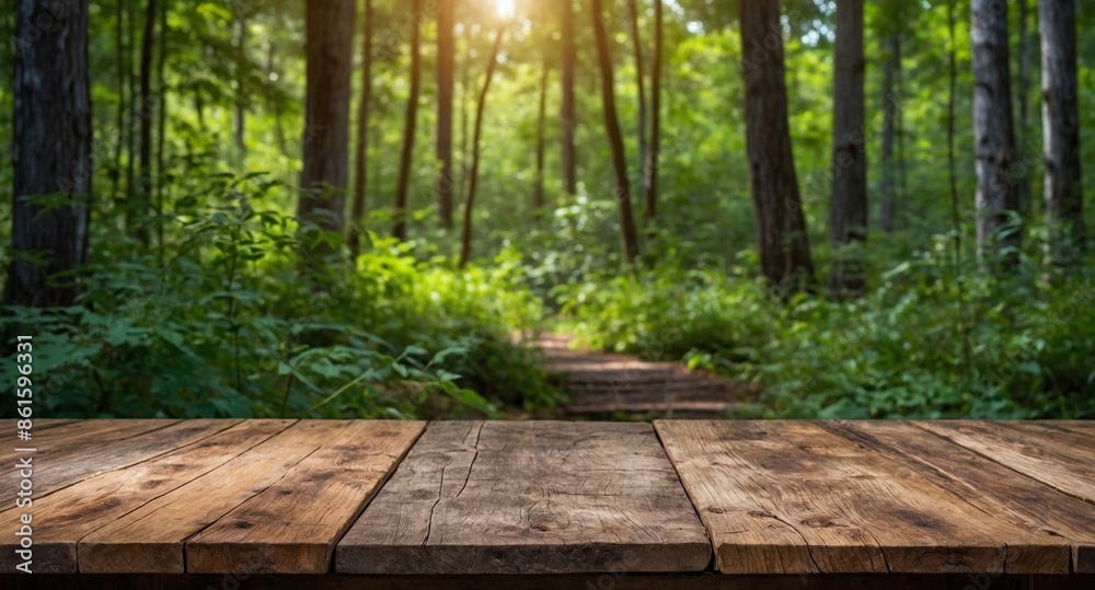 rustic wooden table and, in the background, a forest clearing blurred with nature, dense foliage, vegetation, and sky, to use as a background for products. rustic wooden table and, in the background, a forest clearing blurred with nature, dense foliage, vegetation, and sky, to use as a background for products.