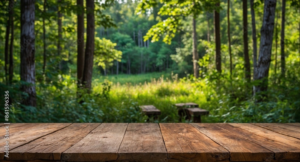 rustic wooden table and, in the background, a forest clearing blurred with nature, dense foliage, vegetation, and sky, to use as a background for products. rustic wooden table and, in the background, a forest clearing blurred with nature, dense foliage, vegetation, and sky, to use as a background for products.