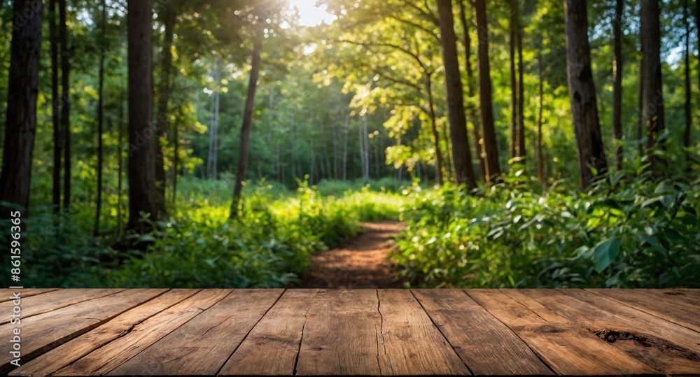 rustic wooden table and, in the background, a forest clearing blurred with nature, dense foliage, vegetation, and sky, to use as a background for products.