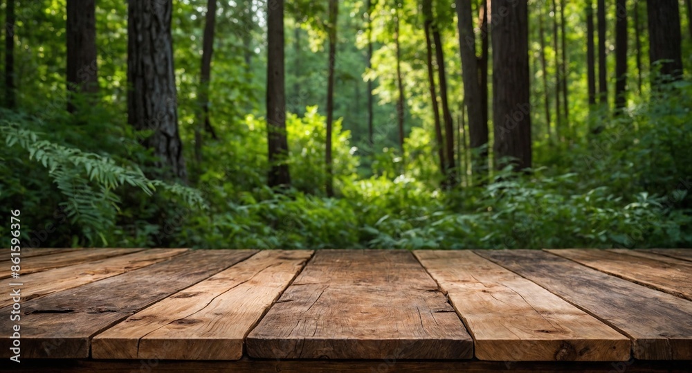 rustic wooden table and, in the background, a forest clearing blurred with nature, dense foliage, vegetation, and sky, to use as a background for products. rustic wooden table and, in the background, a forest clearing blurred with nature, dense foliage, vegetation, and sky, to use as a background for products.